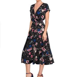 NWT Meghan LA Jasmin Black Floral Multi Faux Wrap Short Sleeve Midi Dress Sz XXL